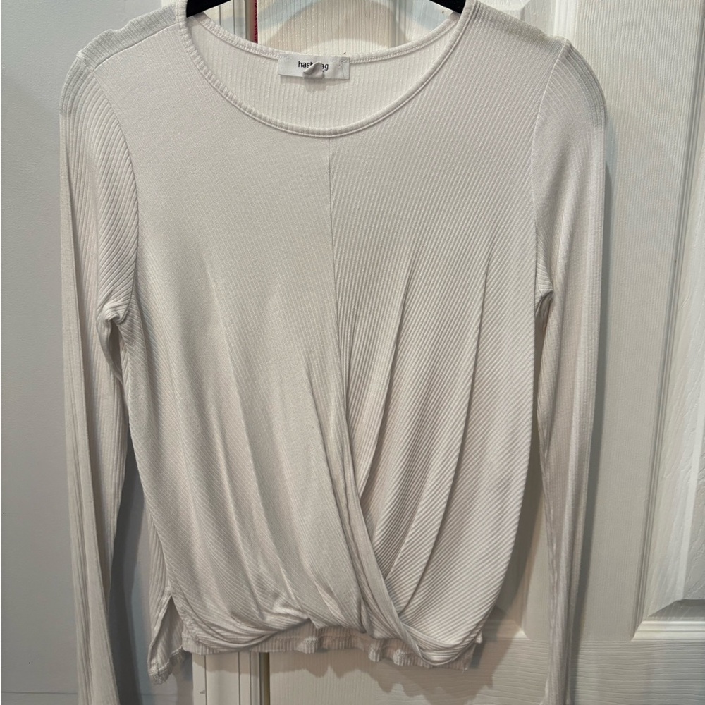 Hashttag white ribbed long sleeve shirt